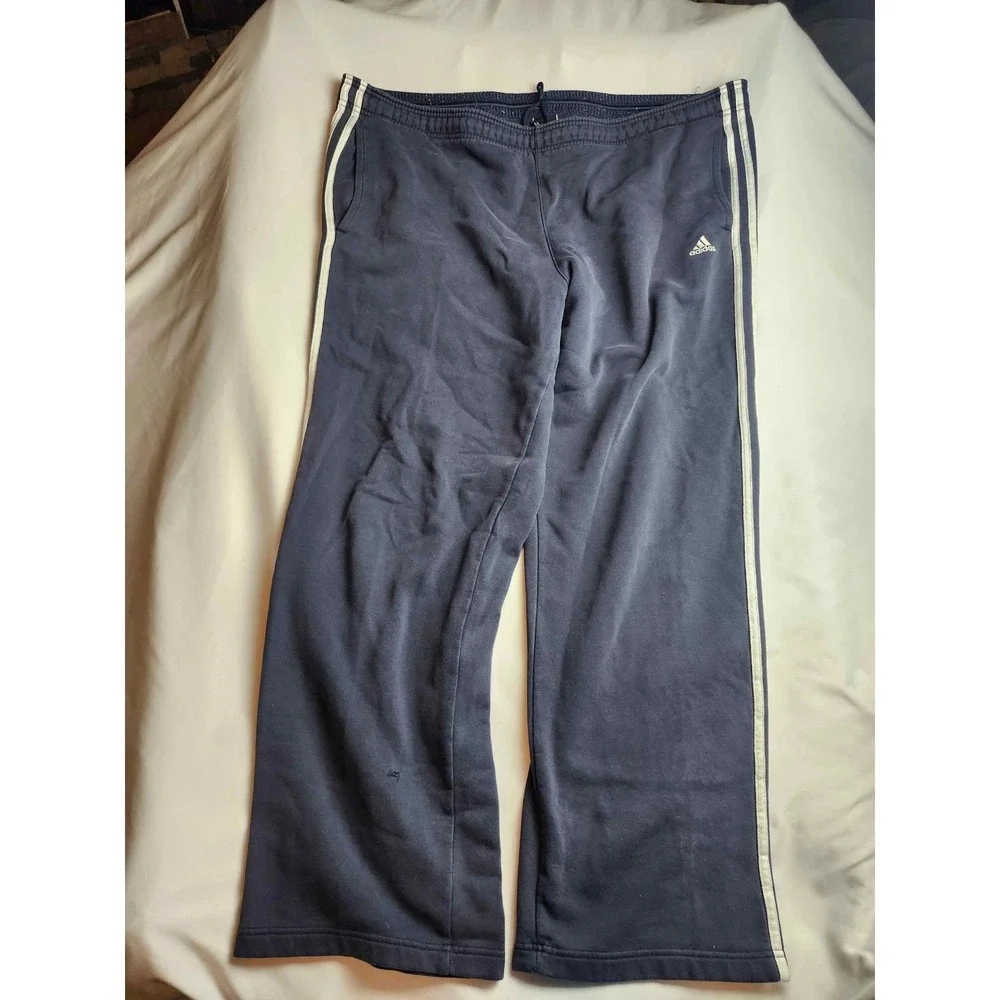 Adidas Mens XL Navy Blue 3-Stripe Fleece Track Pants Wide Leg Athletic